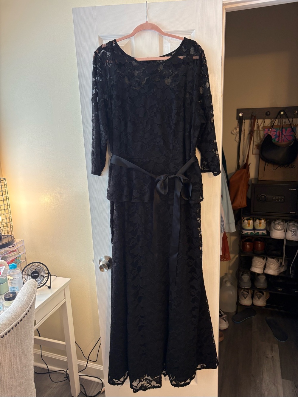 Leslie Fay Black Lace Formal Dress with Sash